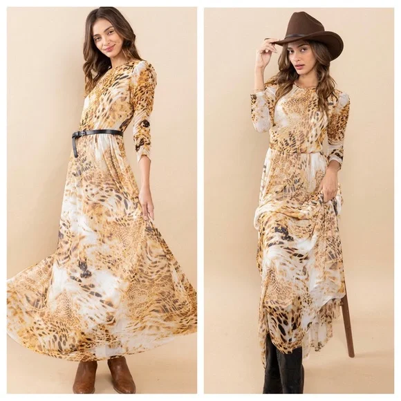 🐅 Print Mesh Ruched Sleeve Maxi Dress - Picture 5 of 5